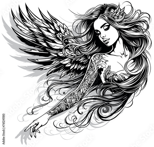 Drawing of a Beautiful Woman as an Angel with Long Flowing Hair - Black and White Illustration or Tattoo Isolated on White Background, Vector © Roman Dekan