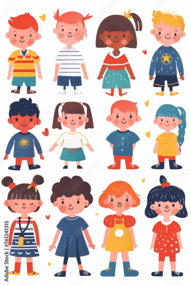 Variety of cartoon vector children in colorful outfits. A diverse group of cartoon children standing in row wearing various colorful outfits representing different styles and personalities 