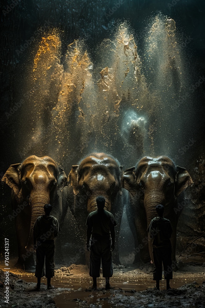 Professional Photography of a Group of Majestic Elephants Participating in a Training Session With Their Dedicated Keepers, Generative AI