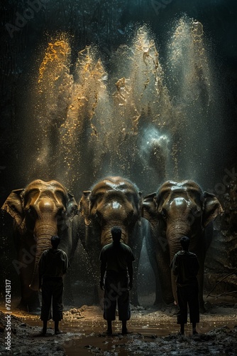 Professional Photography of a Group of Majestic Elephants Participating in a Training Session With Their Dedicated Keepers, Generative AI