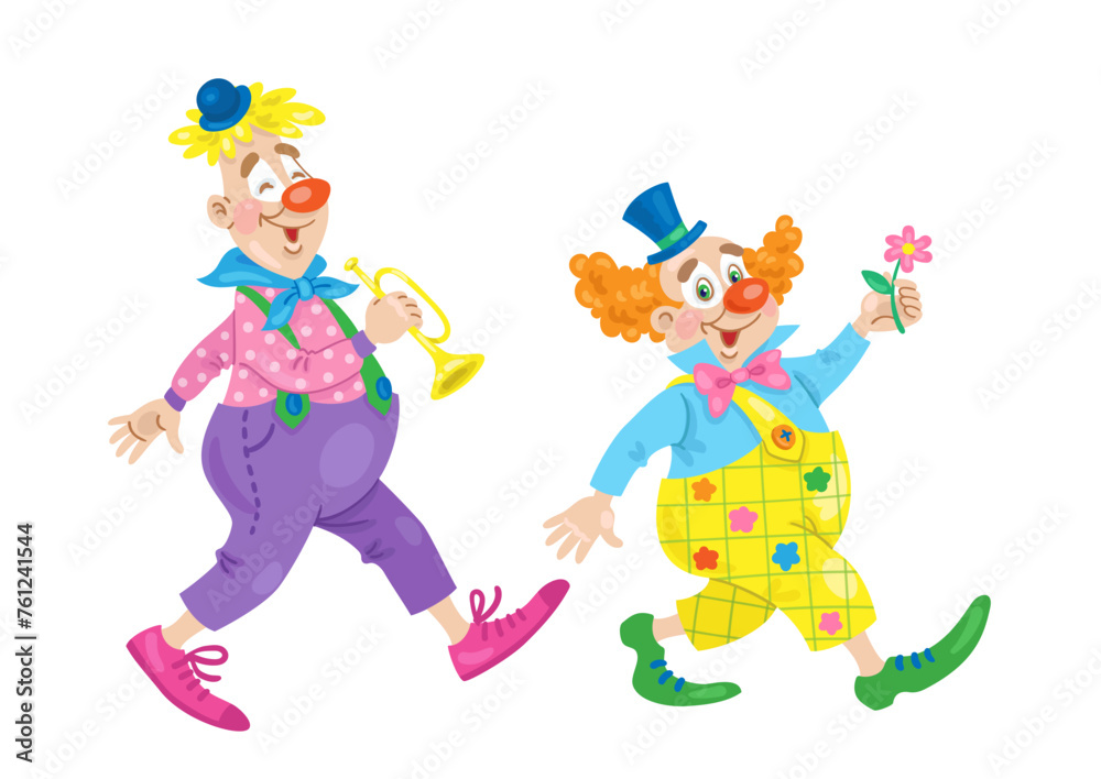Two funny clowns. Isolated on white background. Vector flat illustration. Two funny clowns. Isolated on white background. Vector flat illustration.