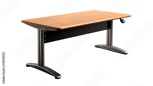 A wooden desk with sleek black legs
