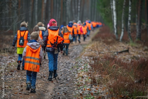 Kindergarten in Forest, Children Walking with Tutors in Wild Park, Finnish Forest School, Forest Kindergarten #761241923
