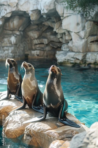Professional Photography of a Group of Playful Sea Lions Basking in the Sun on a Rocky Outcrop, Generative AI