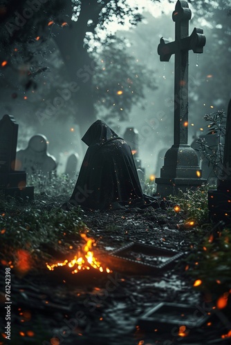 Rain-soaked and misty graveyard cloaked figure kneels before a cross