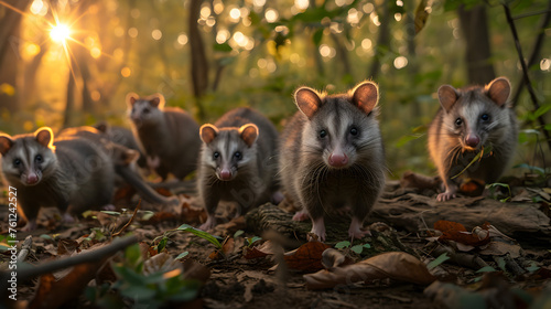 Opossum family in the forest with setting sun shining. Group of wild animals in nature. © linda_vostrovska