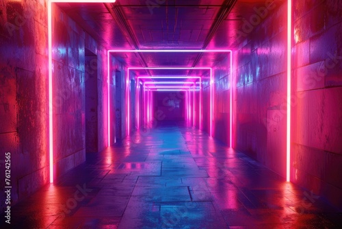 Futuristic hallway bright neon lights