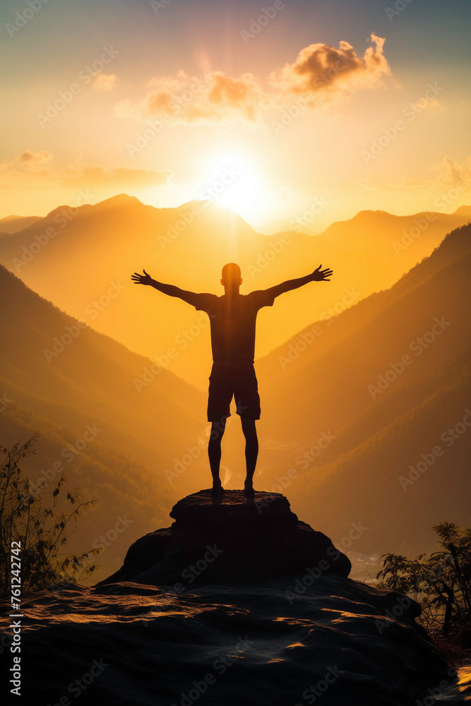 A man meditates and does yoga against the backdrop of mountains and sunset.