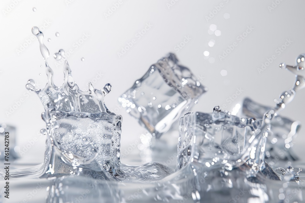 Ice cubes falling into water with splash and drops of water on white background Ice cubes falling into water with splash and drops of water on white background