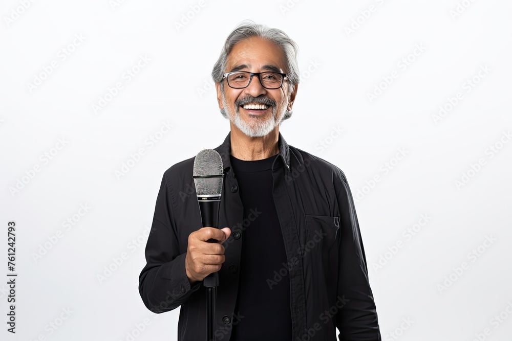 A cheerful South Asian man, gracefully aged, holds a microphone, ready to engage his audience with a compelling speech A cheerful South Asian man, gracefully aged, holds a microphone, ready to engage his audience with a compelling speech