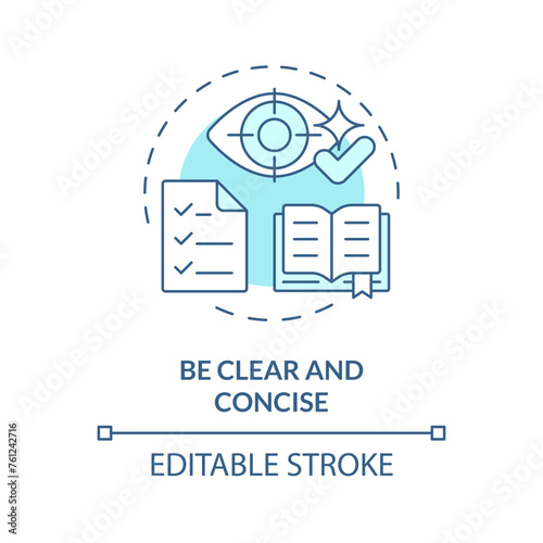 Be clear and concise soft blue concept icon. Prompt engineering tips. Accurate and relevant information. Round shape line illustration. Abstract idea. Graphic design. Easy to use in article