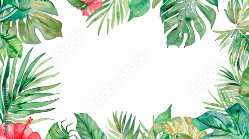 A watercolor masterpiece featuring a colorful array of tropical leaves and exotic flowers in a vibrant and lush composition. Cosmetics presentation. Beauty treatment. Banner. Copy space