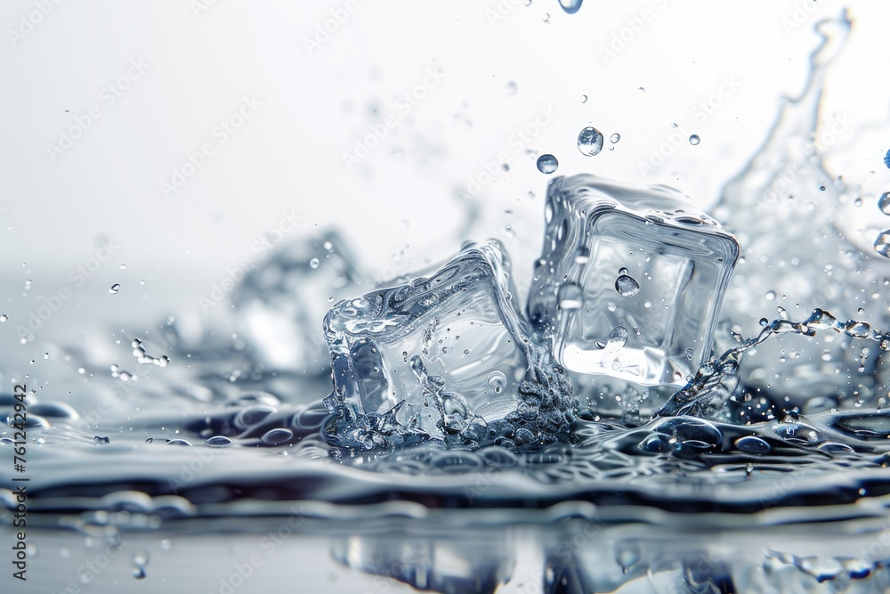 Ice cubes falling into water with splash and drops of water on white background