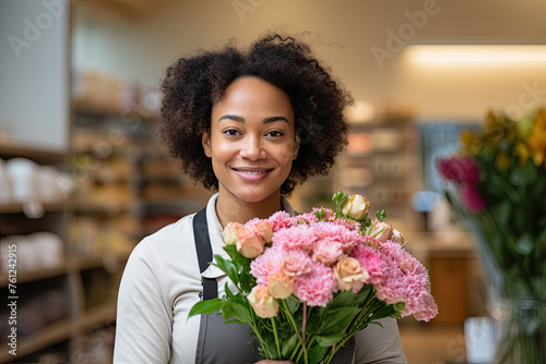 A young woman florist holds a bouquet of pink and cream flowers  her smile as radiant as the blooms she crafts  blurred background