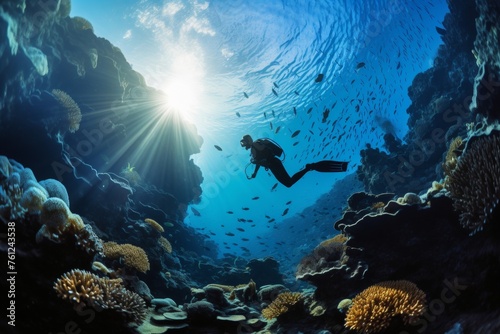 Scuba diver explores vibrant underwater paradise with a myriad of exquisite fish and lush corals