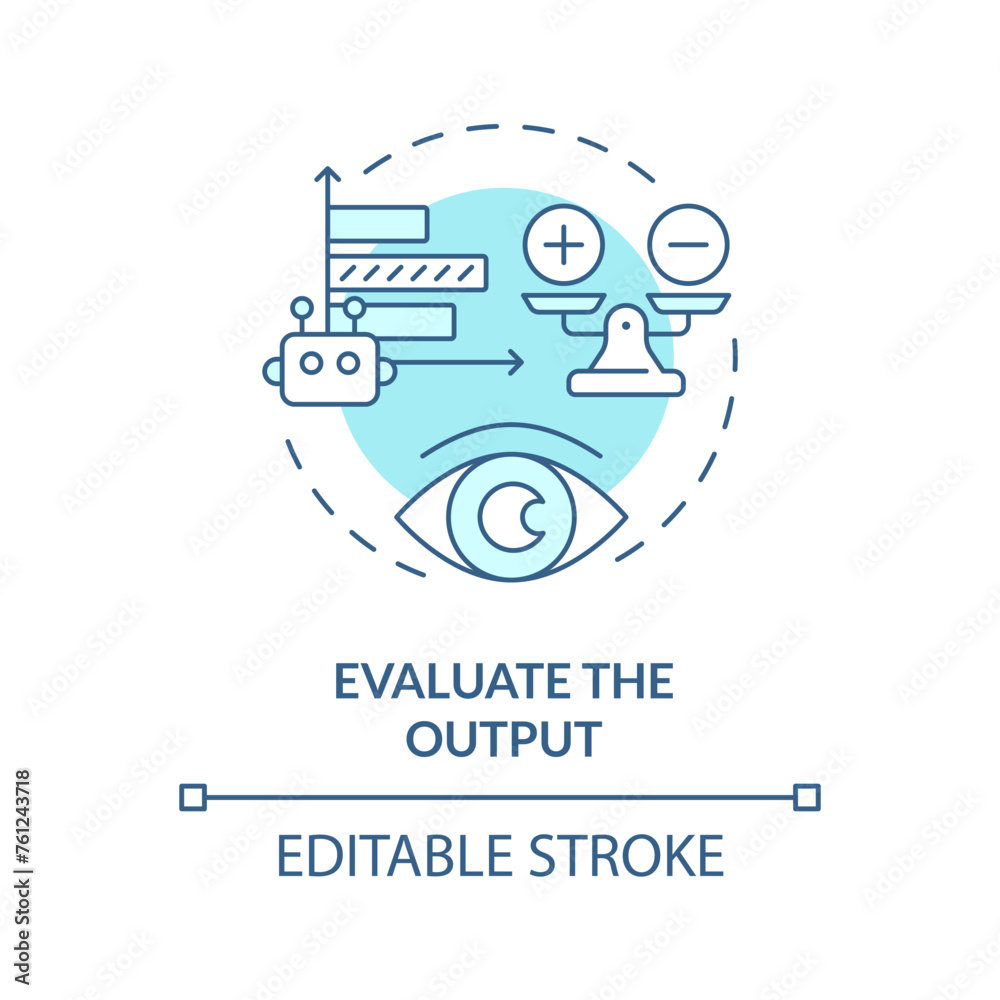 Evaluate output soft blue concept icon. Prompt engineering. Assess response of ai model. Effective instruction. Round shape line illustration. Abstract idea. Graphic design. Easy to use in article
