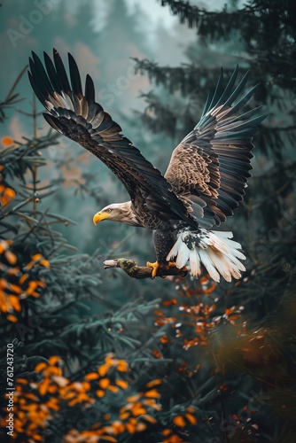 Professional Photography of a Majestic Bald Eagle Perched on a Branch Overlooking its Vast Outdoor Aviary, Generative AI