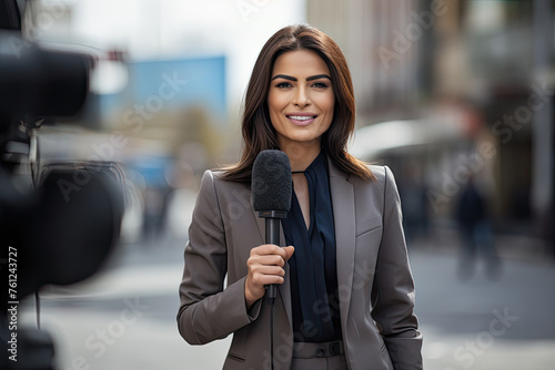 Woman journalist, with microphone in hand, reports live, capturing the pulse of the urban landscape, blurred background