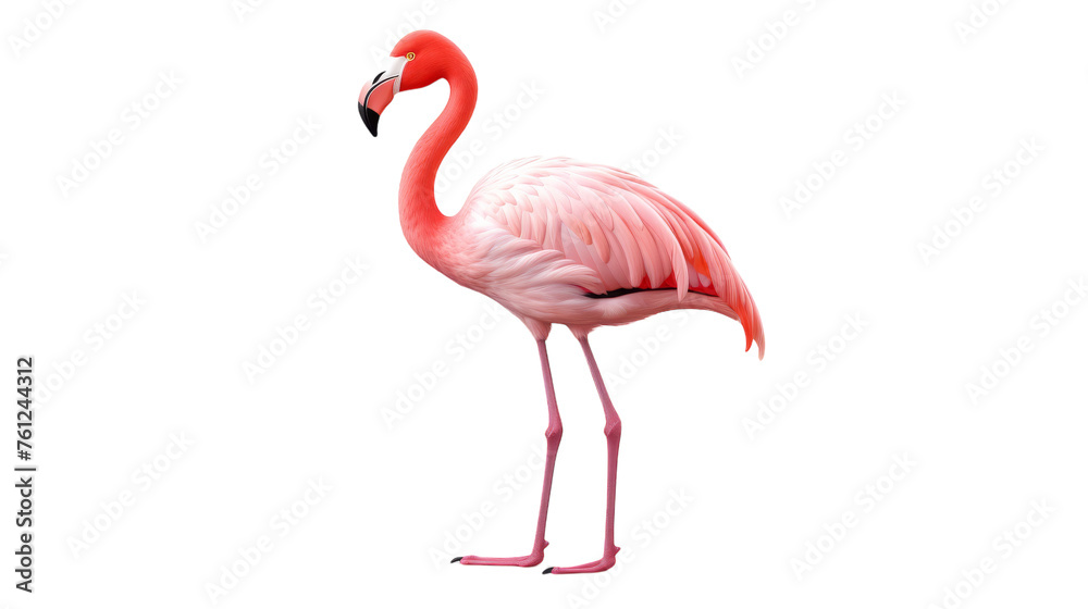 Fototapeta premium A graceful pink flamingo stands on a pristine white surface