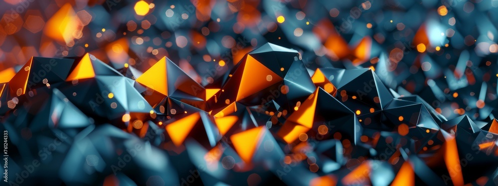 Futuristic abstract background with low poly geometric shapes. Shiny metal polygonal elements in motion. - obrazy, fototapety, plakaty 