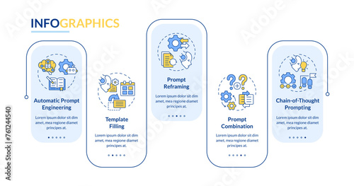 Prompt engineering techniques blue rectangle infographic template. Data visualization with 5 steps. Editable timeline info chart. Workflow layout with line icons. Lato-Bold, Regular fonts used