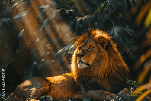 Professional Photography of a Majestic Lion Resting in the Shade of a Tree in its Enclosure  Generative AI