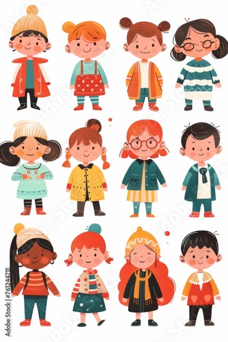 Variety of cartoon vector children in colorful outfits. A diverse group of cartoon children standing in row wearing various colorful outfits representing different styles and personalities  © MiniMaxi