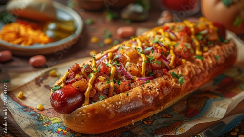 Gourmet hot dog with toppings and condiments on a sesame bun, concept of indulgence and comfort food, food in travel