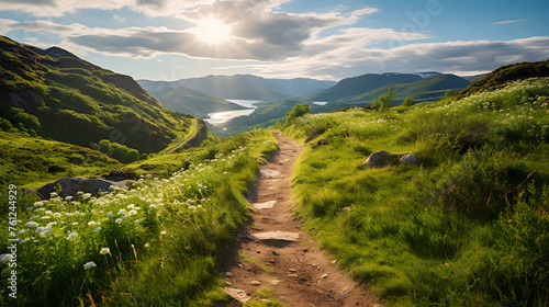Breathtaking View of Serene Highland Hiking Trail Awash with Untouched Natural Beauty.