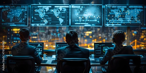 Experts analyze data in a secure ops center defending against cyber threats. Concept Cybersecurity Analysis, Data Evaluation, Threat Detection, Secure Operations, Expert Defense