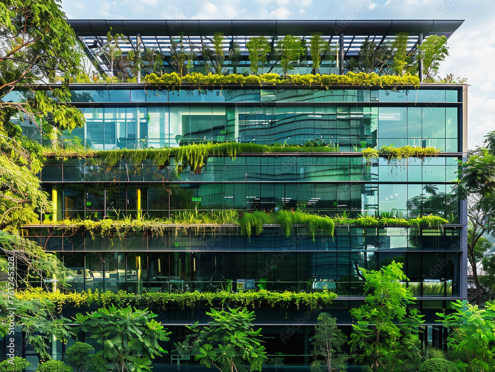 Eco-friendly glass office featuring sustainable building with green environment and trees 