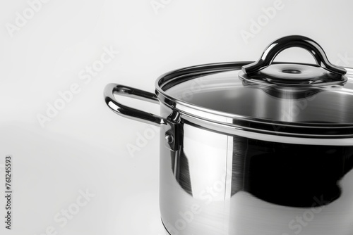 New Cooking Pot Isolated, Metal Saucepan with Glass Lid, Soup Kitchenware, Shiny Stainless Cooking Pot