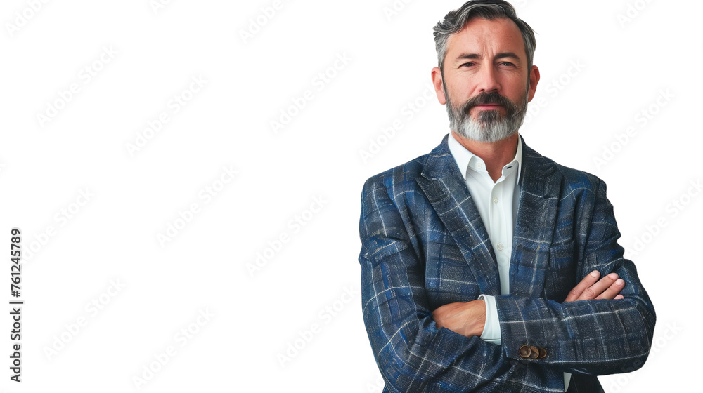 Fototapeta premium Bearded man in a suit, standing with arms crossed