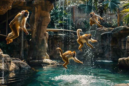 Professional Photography of a Playful Troupe of Monkeys Swinging From Tree to Tree in Their Jungle-Themed Enclosure, Generative AI