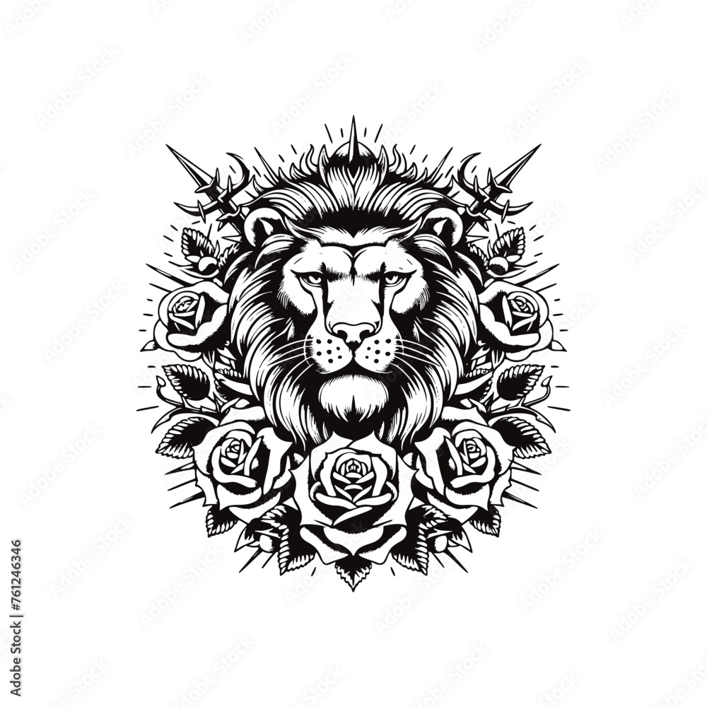 Lion with Roses Vector Artwork - Majestic Black and White Lion Illustration with Floral Motifs Lion with Roses Vector Artwork - Majestic Black and White Lion Illustration with Floral Motifs