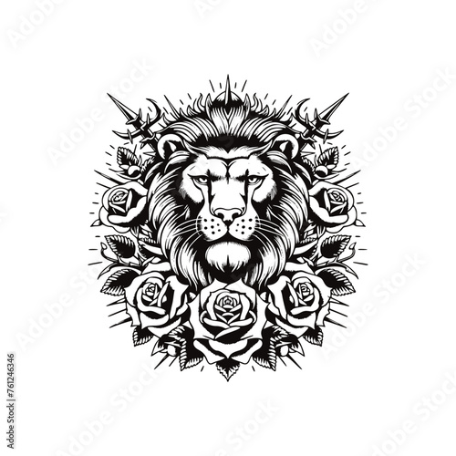 Lion with Roses Vector Artwork - Majestic Black and White Lion Illustration with Floral Motifs