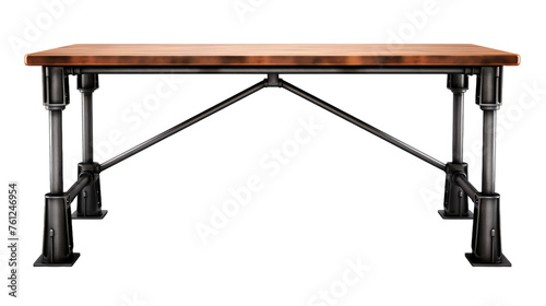 A wooden table with metal legs stands elegantly against a white background