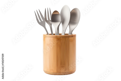 Wooden Cup With Spoons and Forks. On a White or Clear Surface PNG Transparent Background.
