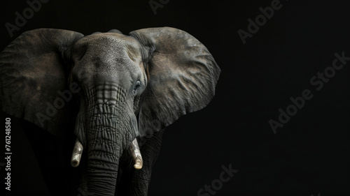 Majestic African elephant emerging from darkness with a powerful gaze. © VK Studio
