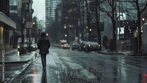 Lone figure walking in the rain on an urban street, reflecting city life's quiet moments.