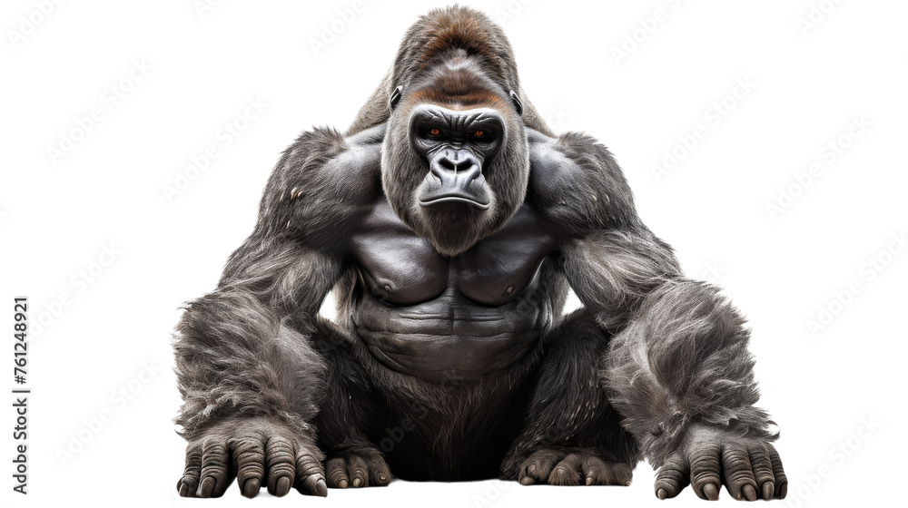 A large gorilla is sitting with his legs crossed in a thoughtful pose