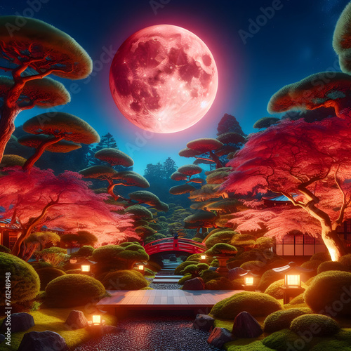 Japanese garden, bloody moon
