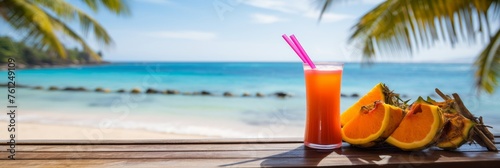 Tropical fruit cocktail on white beach with palm trees. Summer vacation concept. Copy space