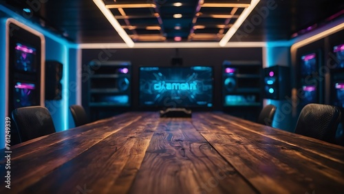 Empty wooden table with beautiful gamer room background, photorealistic