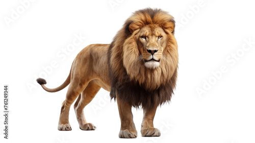A powerful lion standing confidently on a pristine white background