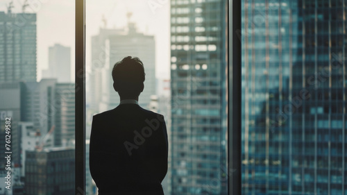 Silhouette of a contemplative figure against the backdrop of an urban skyline.