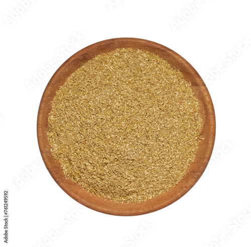 top view flat lay pile of ground coriander seed isolated on white background in wood bowl photo