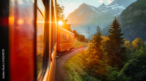 The concept of traveling by train. View from the window of the train and the landscape. Beautiful view from the train window. Traveling in the countryside