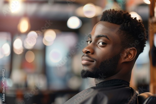 Portrait of African American male getting a haircut at the barber shop, looking at camera with copy space.