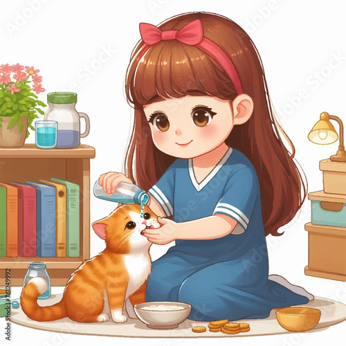 Little Girl Feeding Cute Cat Vector Illustration